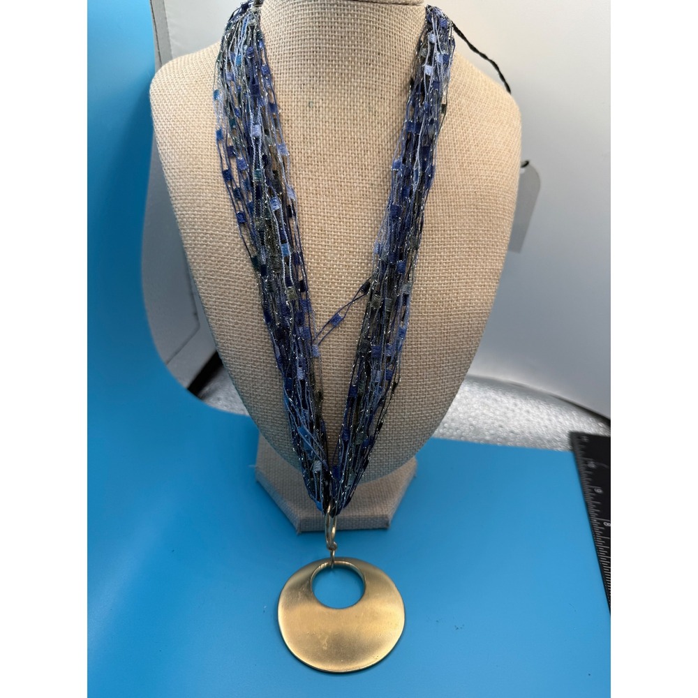 Fibrations C&C Studios Blue Fiber Ladder Yarn Necklace Gold Tone Pendant USA